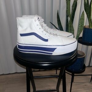 Vans Sk8-Hi White and Blue Platform Sneakers